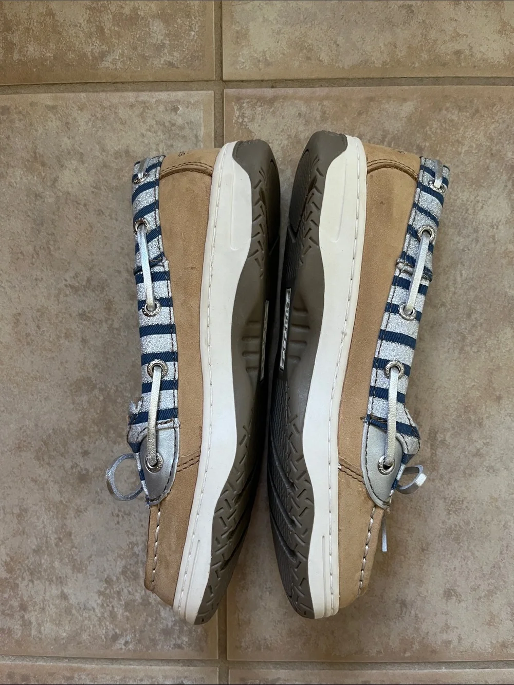 Sperry Kids Tan Leather Moccasins with Navy & Silver Stripes Angelfish